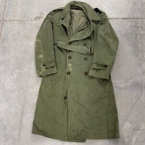 Vintage US Army Trench Coat Olive Drab Green Canvas Military Overcoat Belted